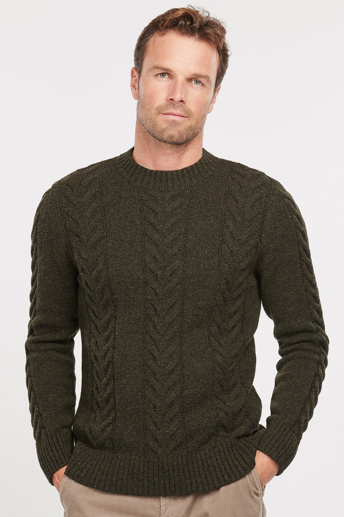 Cable Knit Crew Neck Jumper - Olive Marl - Image 2