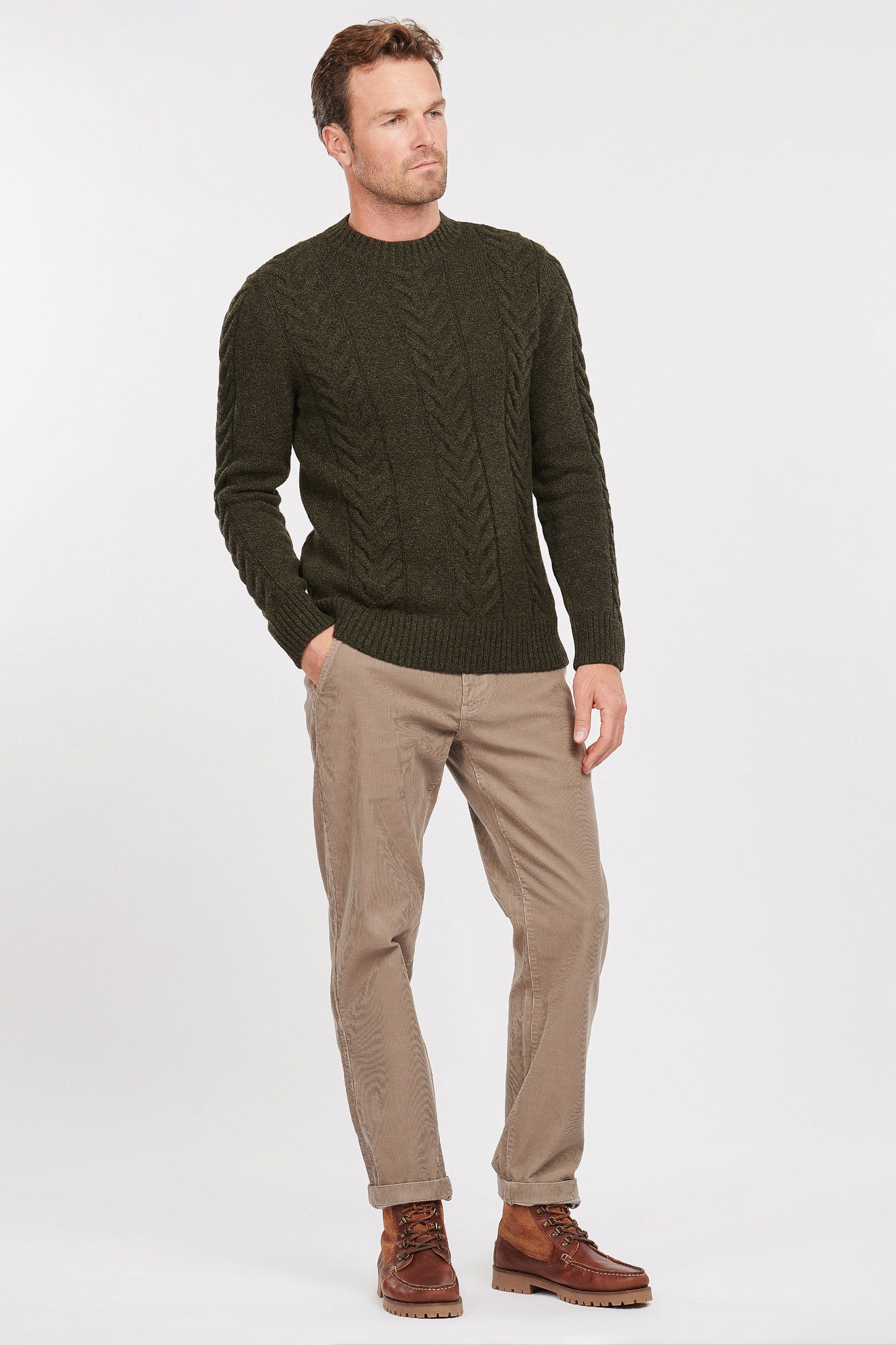 Cable Knit Crew Neck Jumper - Olive Marl - Image 4