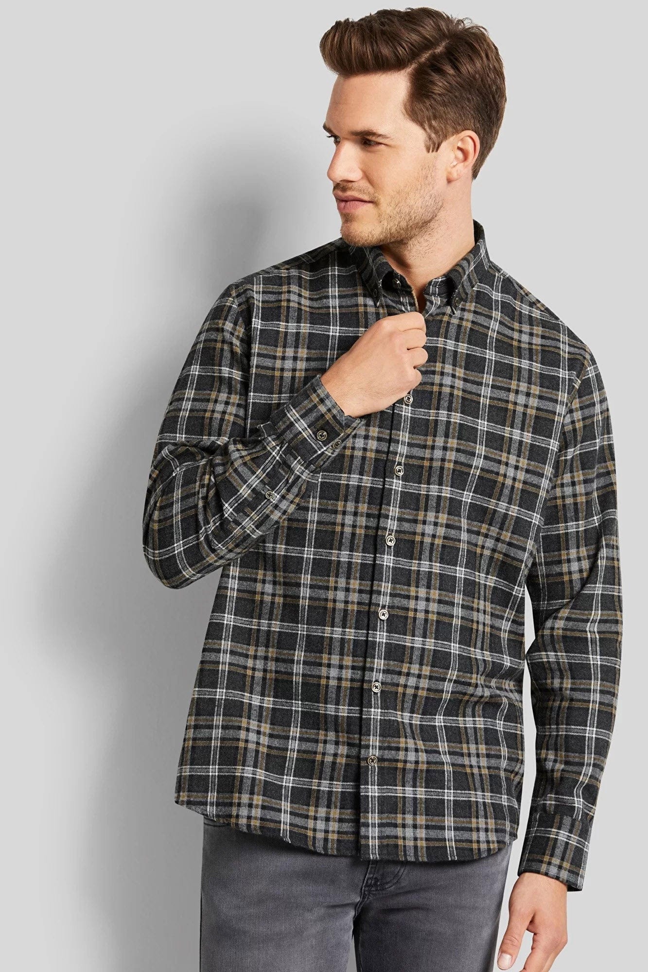 Check Brushed Cotton Long Sleeve Shirt - Grey/Mustard - Image 2