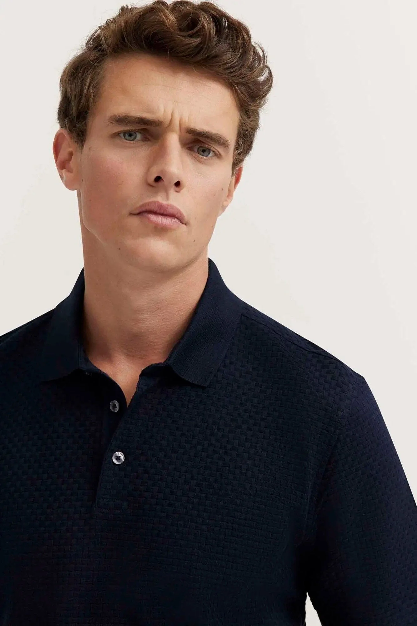 Textured Cotton Knit Polo Shirt - Navy - Image 5