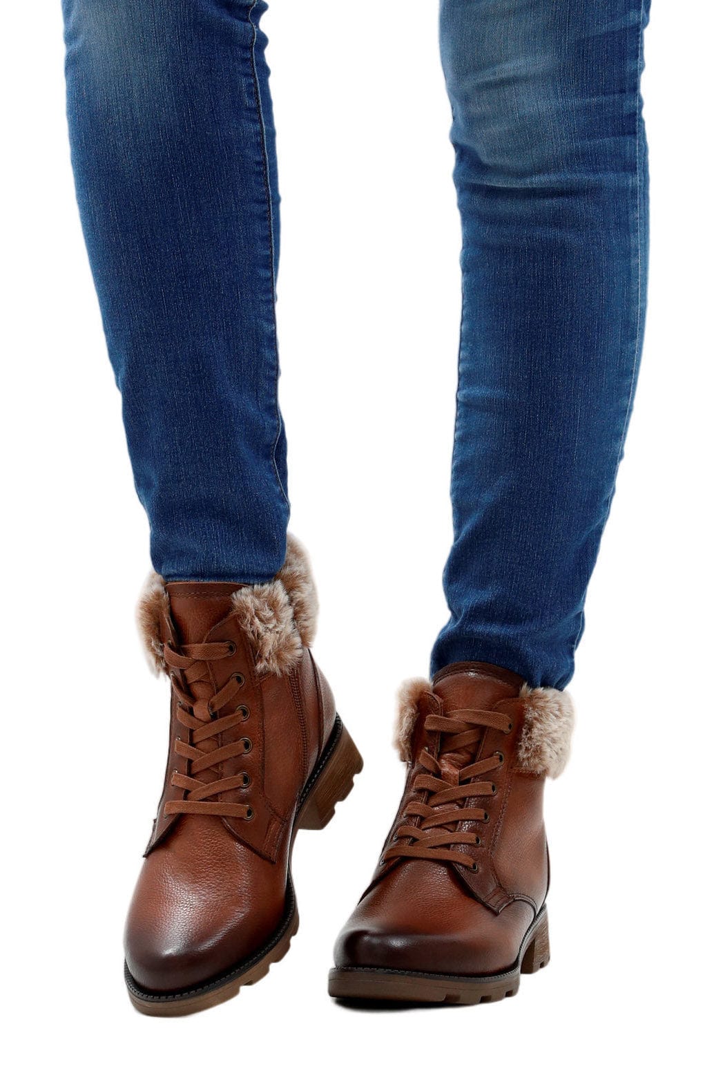 Faux Fur Cuff Leather Ankle Boots - Cognac Nappa - Image 4