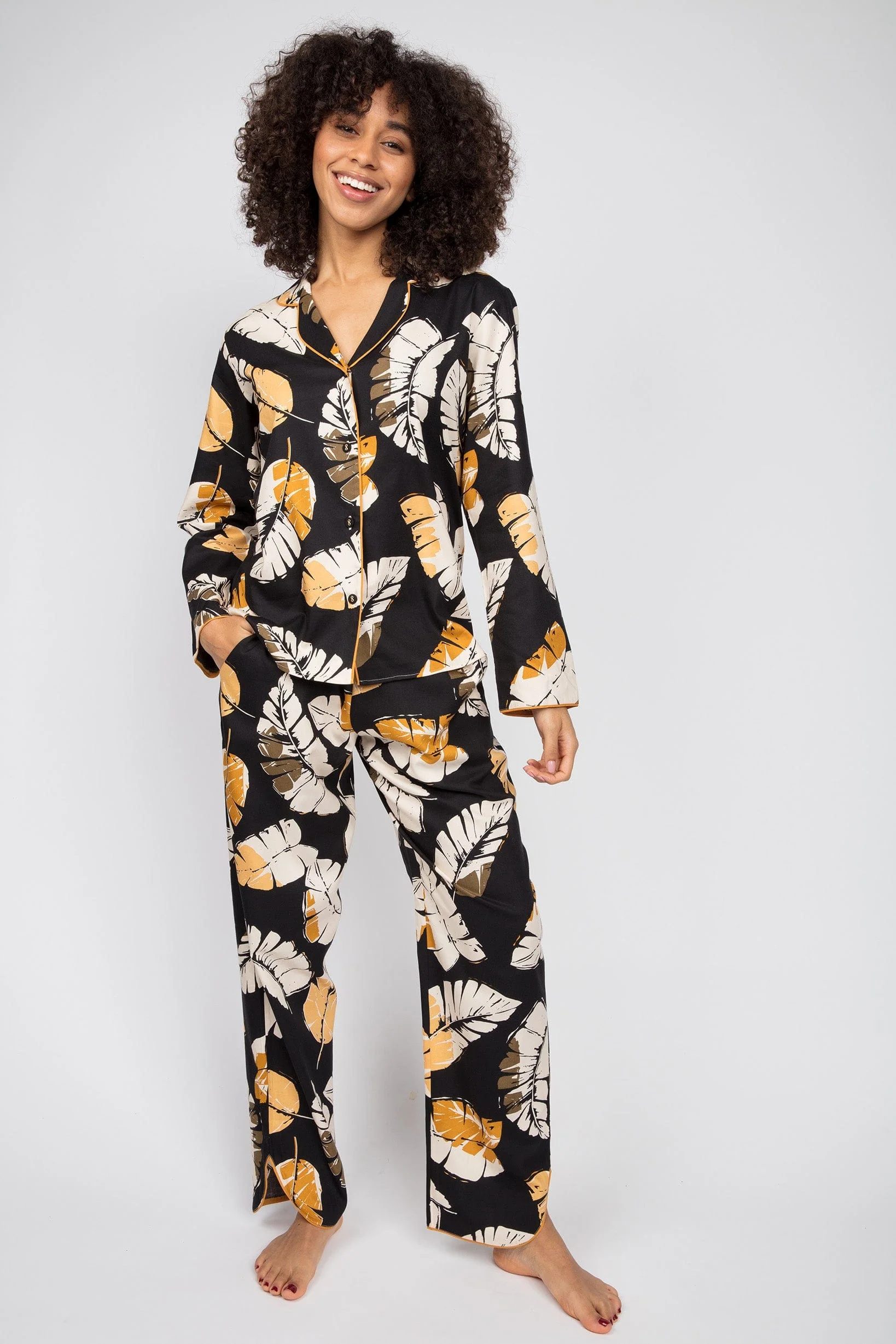 Annie Leaf Print Pyjama Top - Black/Mustard - Image 2