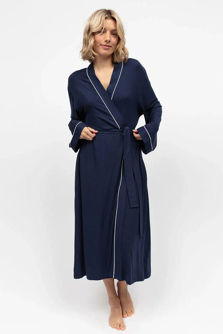Marina Jersey Long Dressing Gown - Navy - Image 2