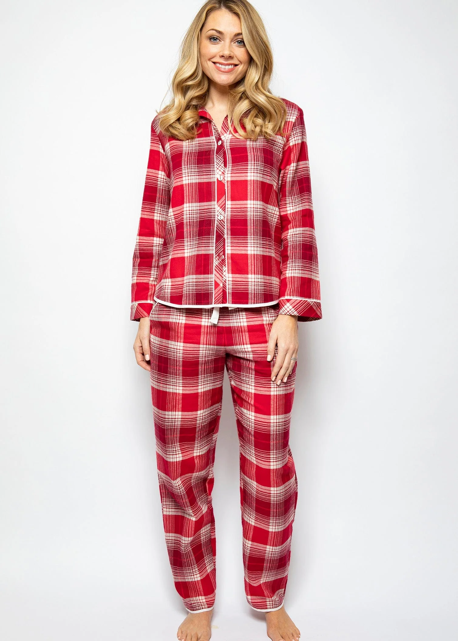 Megan Check Brushed Pyjama Top - Red/White - Image 2
