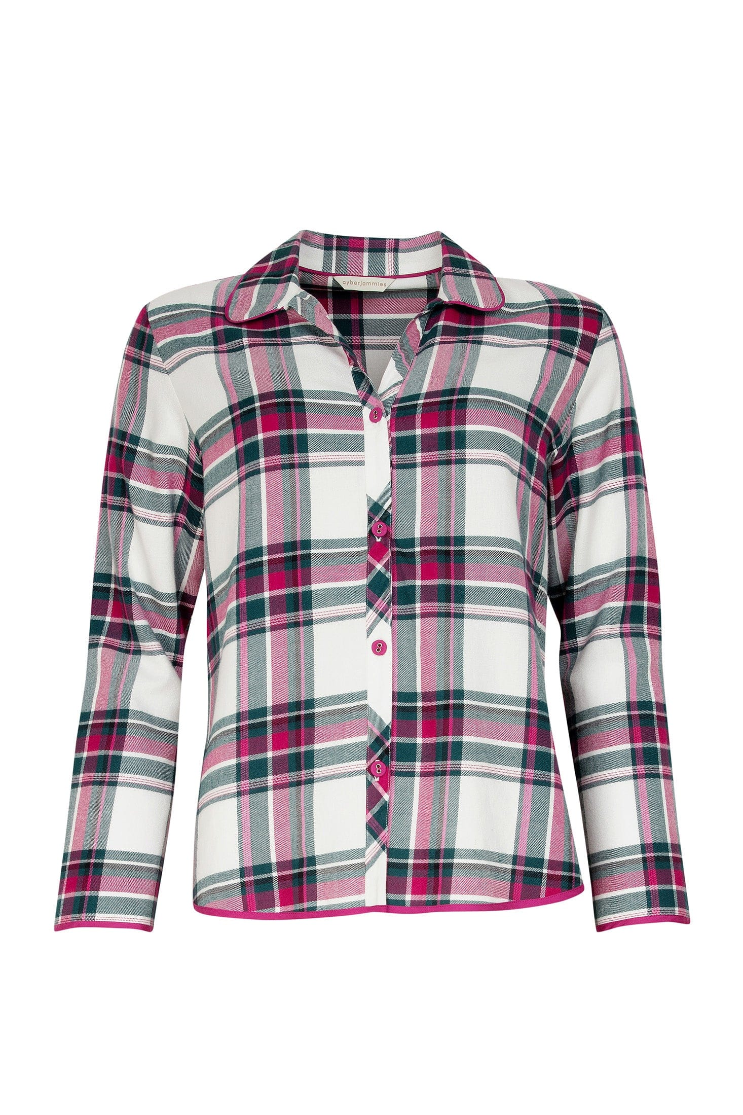 Penny Check Brushed Cotton Pyjama Top - Emerald/Fuchsia