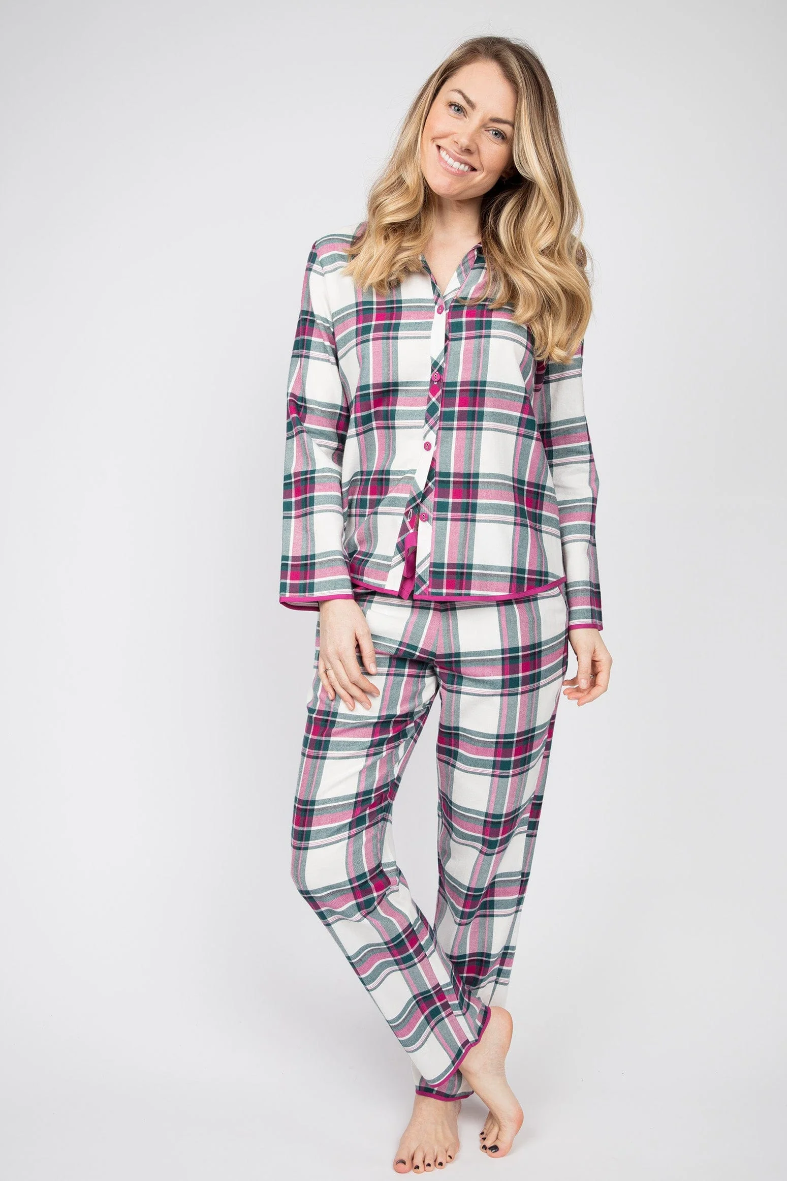 Penny Check Brushed Cotton Pyjama Top - Emerald/Fuchsia - Image 2