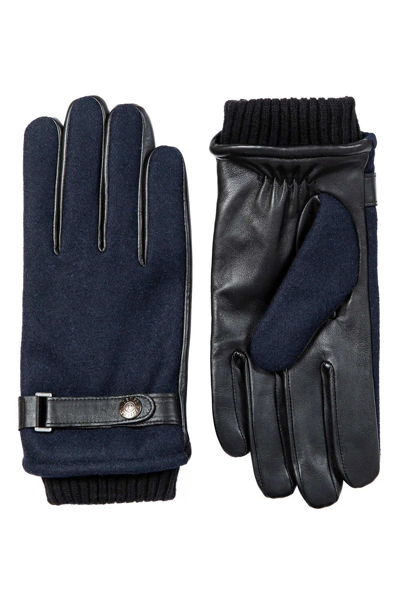 Touchscreen Leather and Flannel Gloves - Navy - Image 2