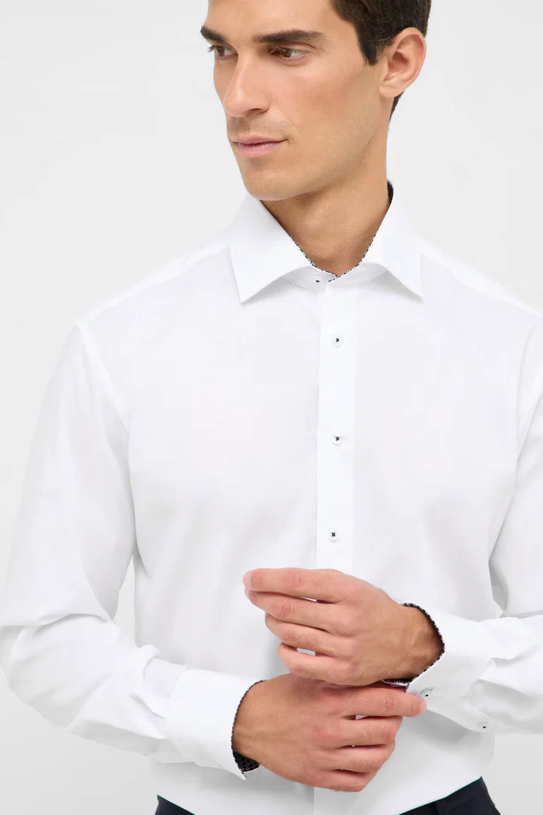Modern Fit Plain Shirt with Navy Trim - White - Image 5