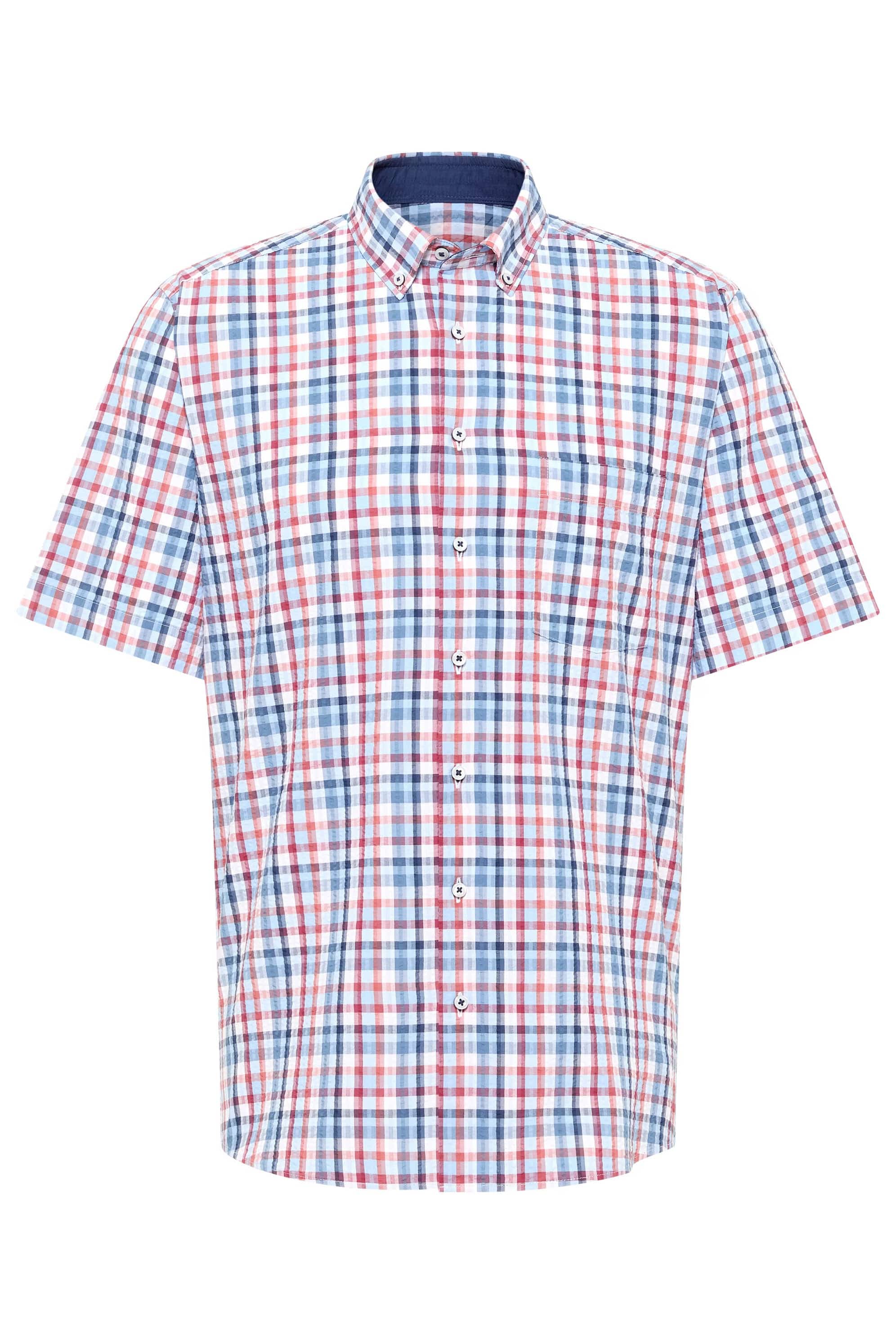 Modern Fit Seersucker Check Short Sleeve Shirt - Blue/Red