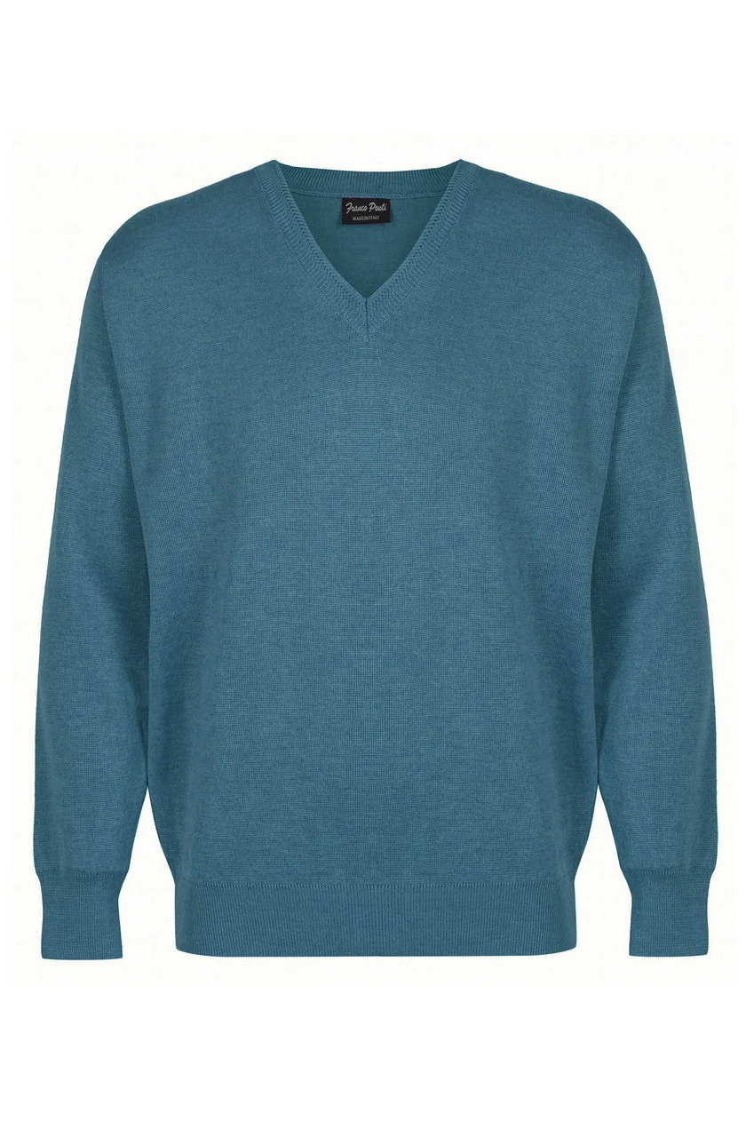 Medium Weight Merino Wool V Neck Jumper - Denim