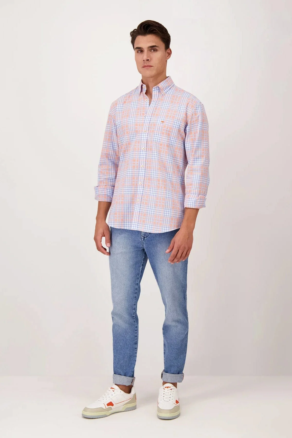 Check Button Down Cotton Shirt - Light Sky/Tangerine - Image 4