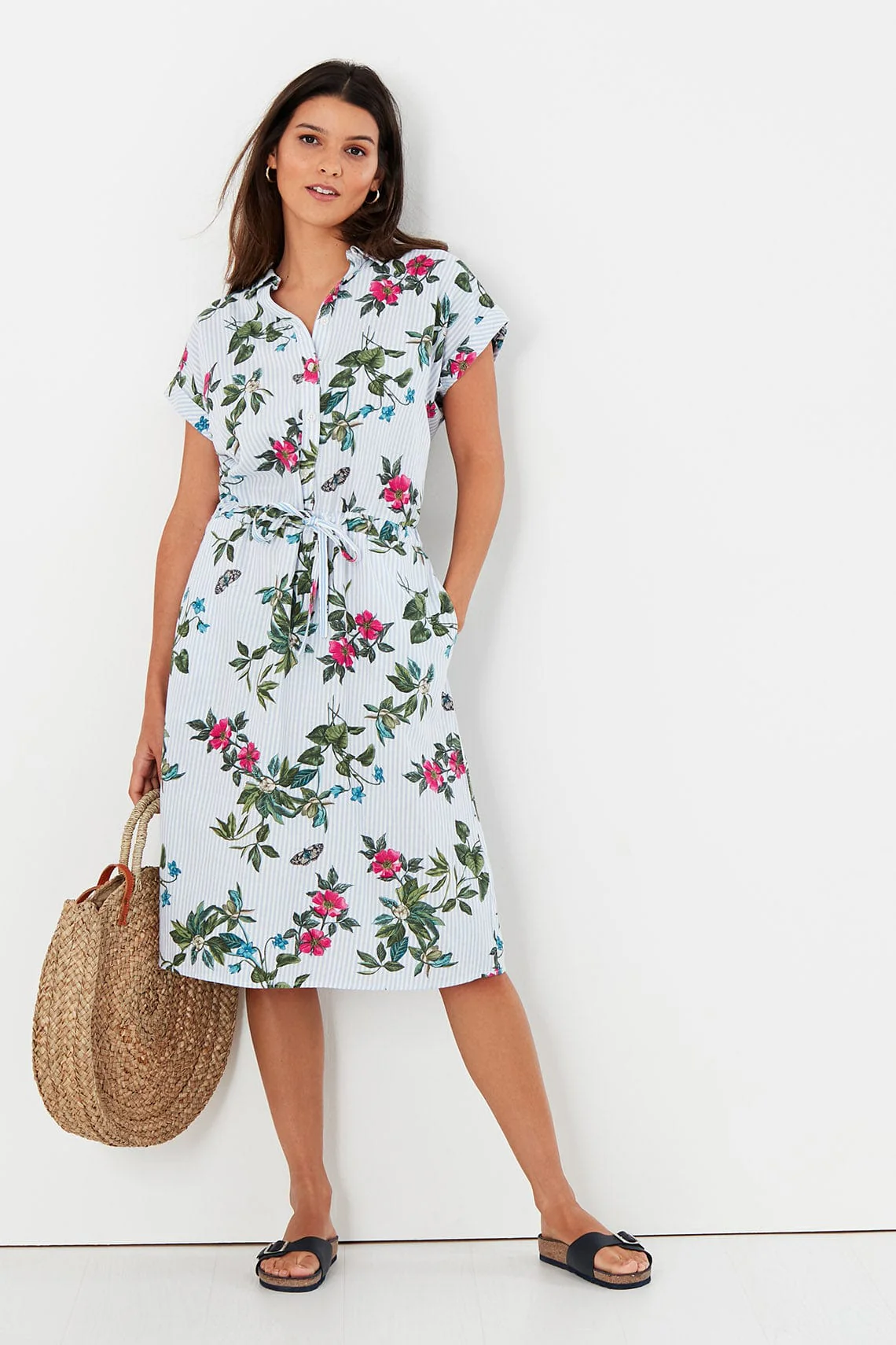 Allison 1/2 Placket Linen Shirt Dress - Blue Botanical Stripe - Image 2