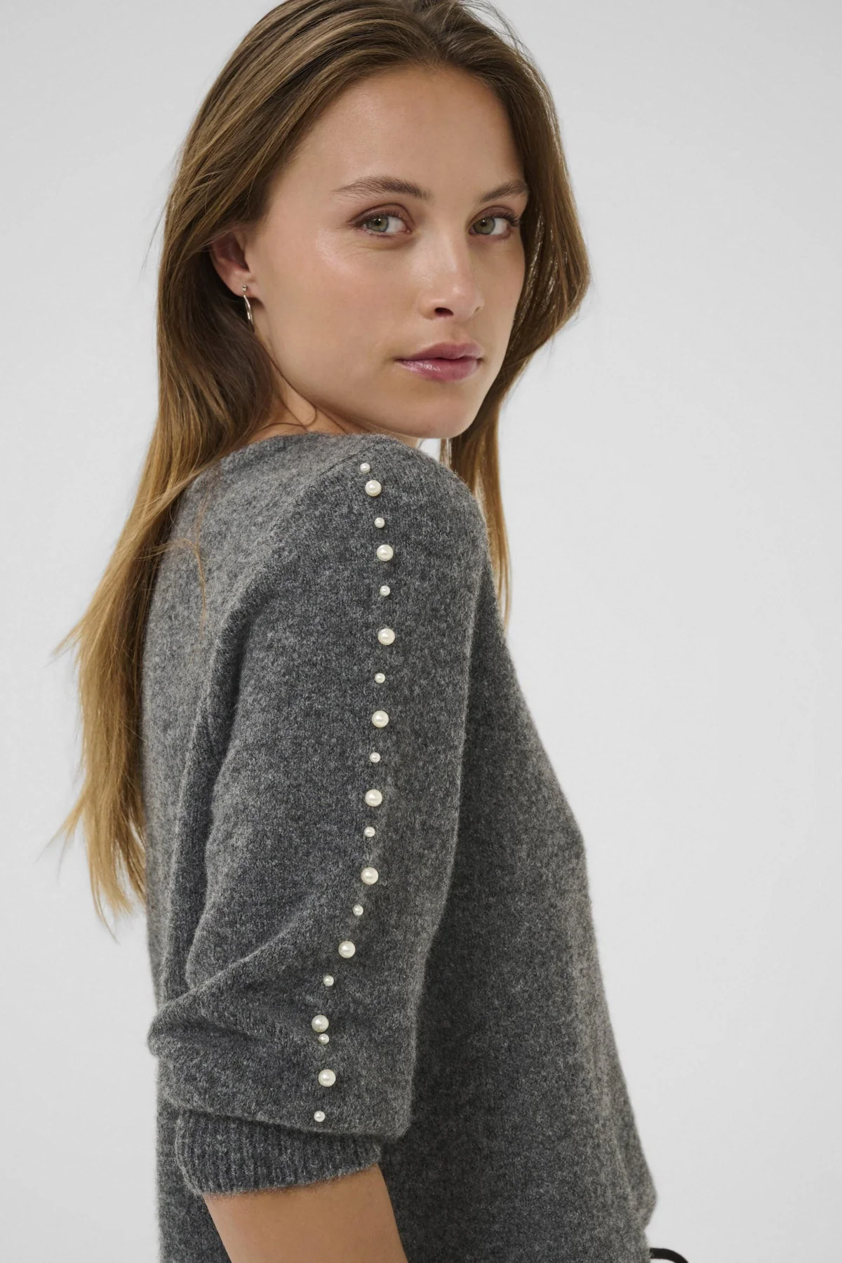 Betty Jumper with Pearl Detail Sleeves - Grey Melange - Image 2