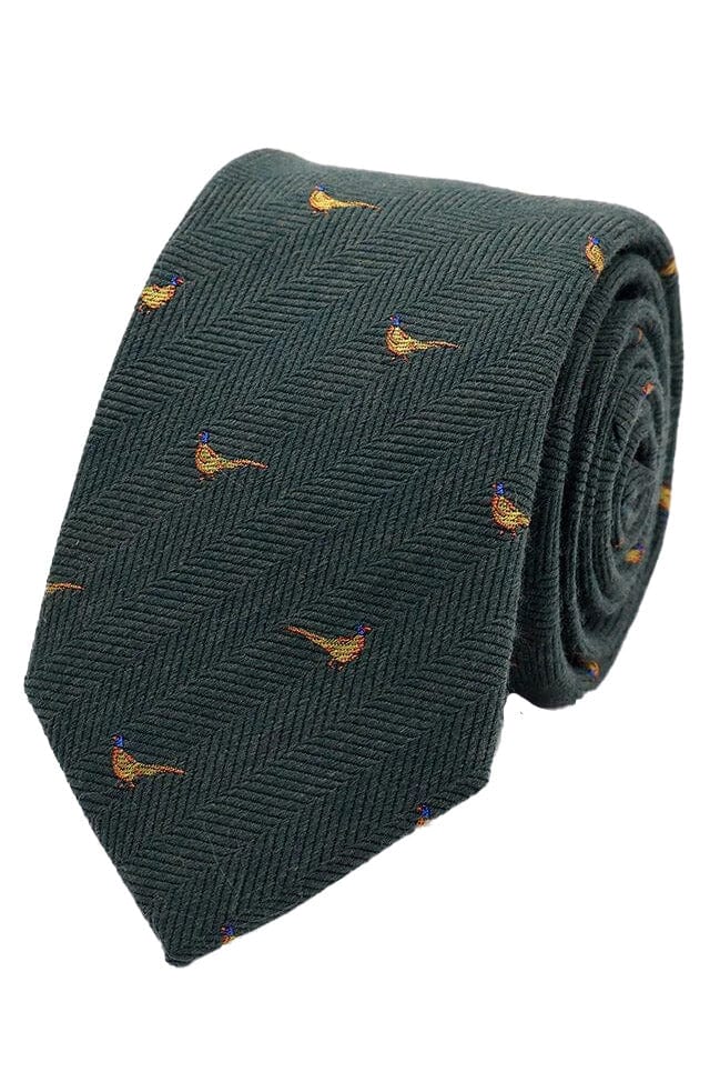 Silk Wool Melange Herringbone Pheasant Tie - Green/Gold