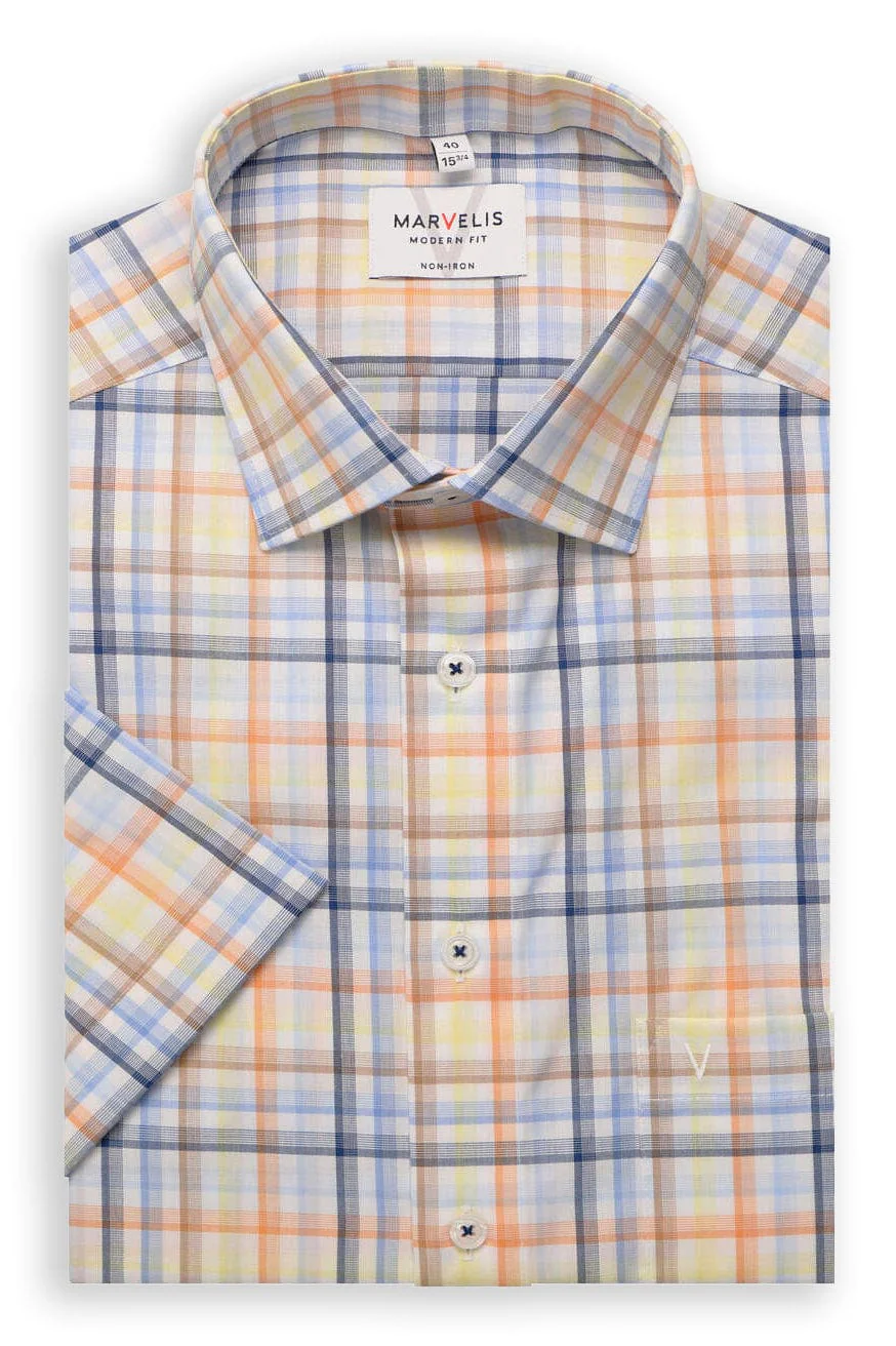 Non-Iron Modern Fit Check Short Sleeve Shirt - Blue/Orange