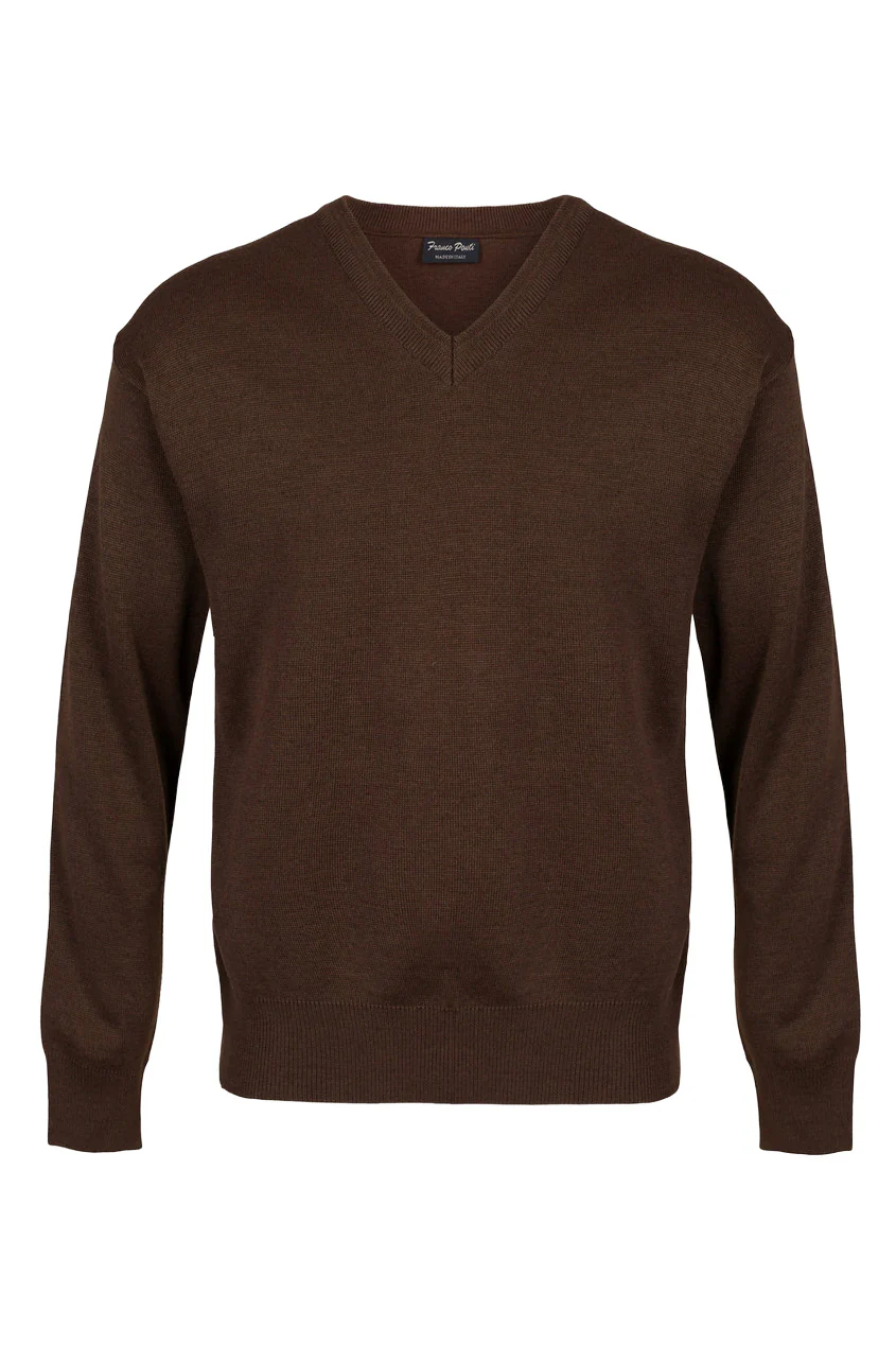 Medium Weight Merino Wool V Neck Jumper - Chocolate