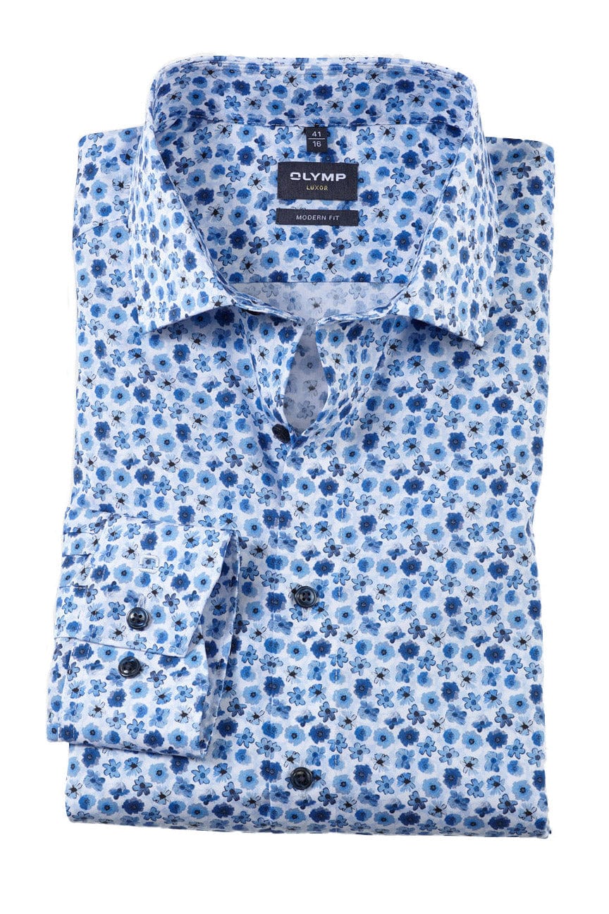 Luxor Modern Fit Floral Print Shirt - Blue/White