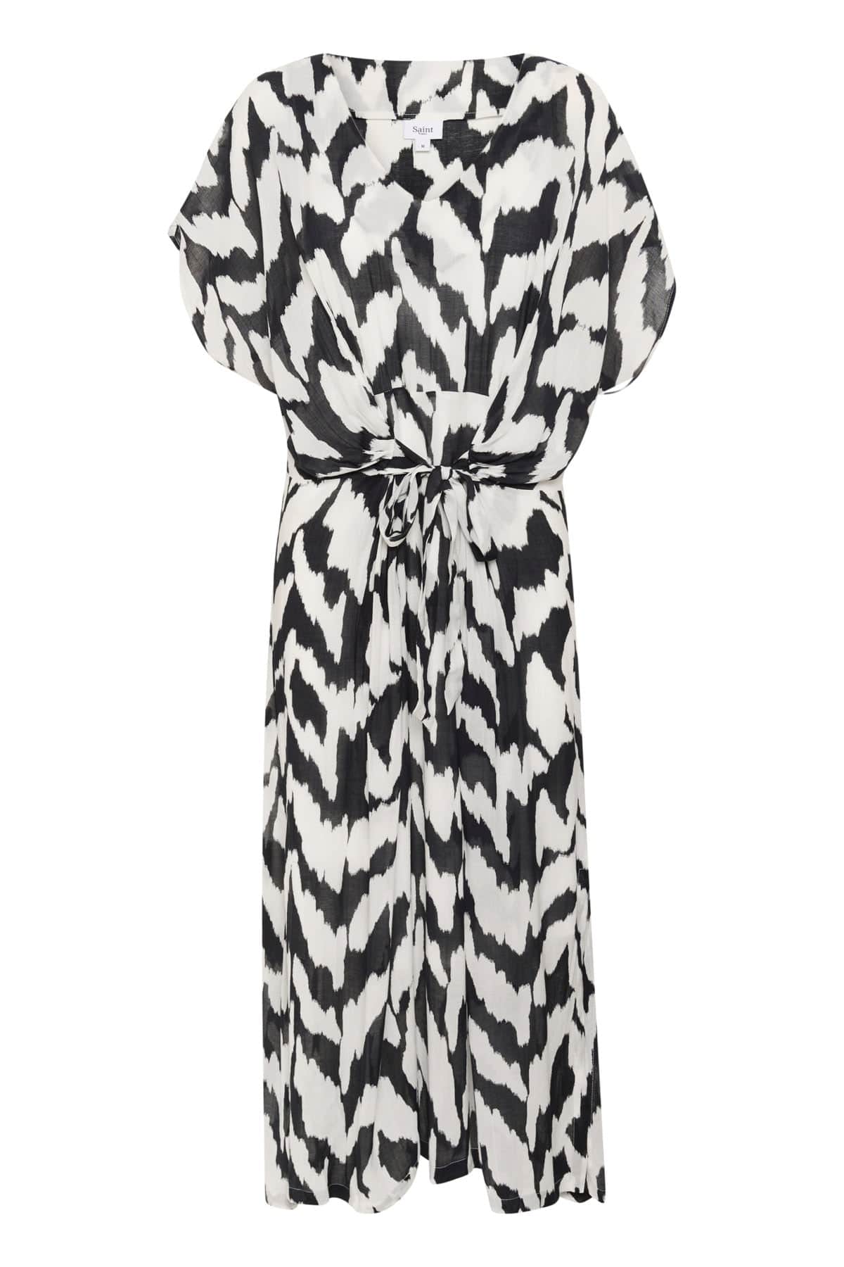 Eya Tie Detail Midi Dress - Black Monochrome Strokes