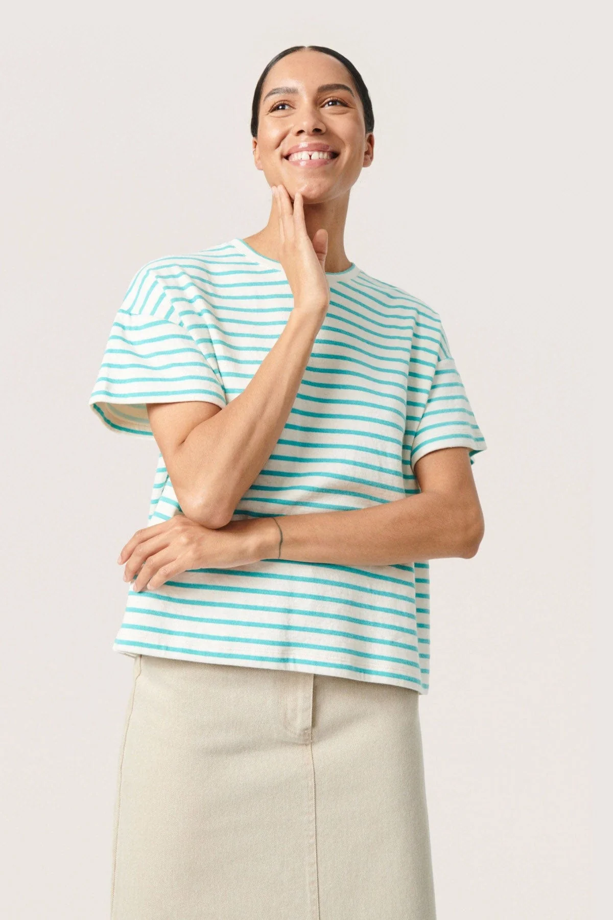 Ingo Boxy Tee - White and Sea Jet Stripe - Image 2