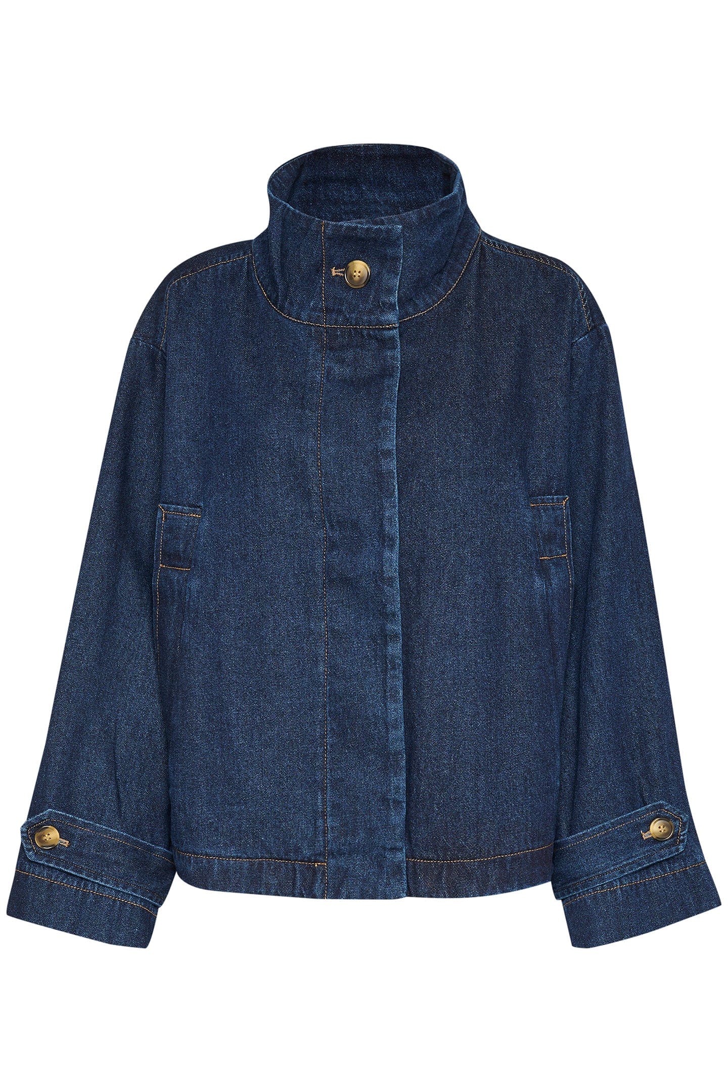 Jannine Cade Stand Collar Denim Jacket - Dark Blue Denim