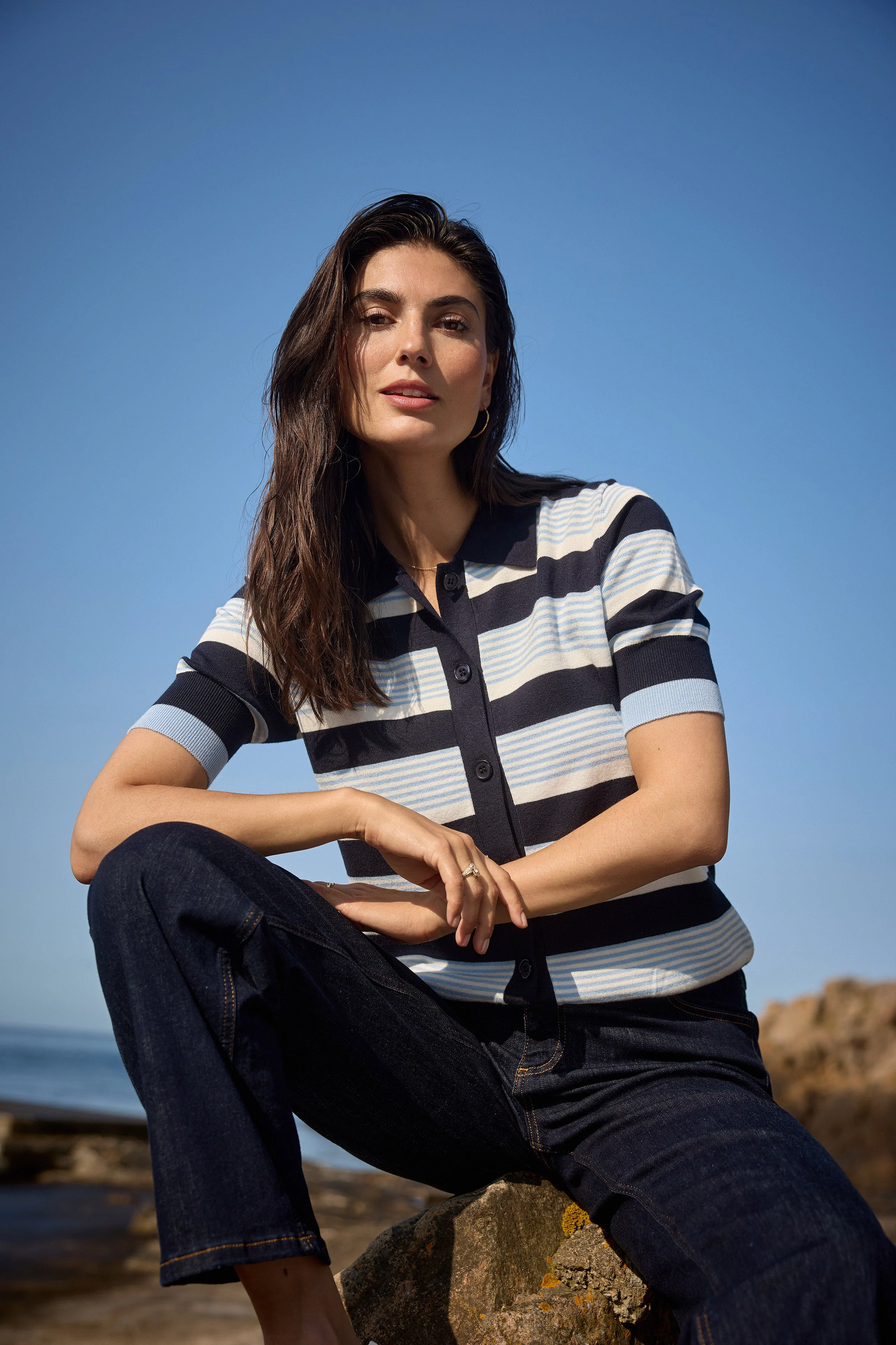 Dollie Striped Button Through Knit - Navy Combi - Image 8