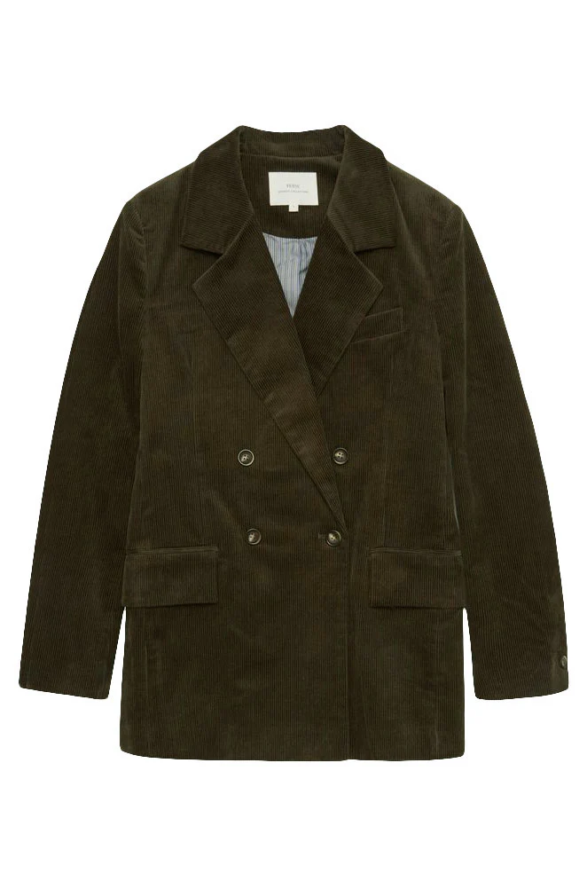 Cord Double-Breasted Straight Blazer - Olive
