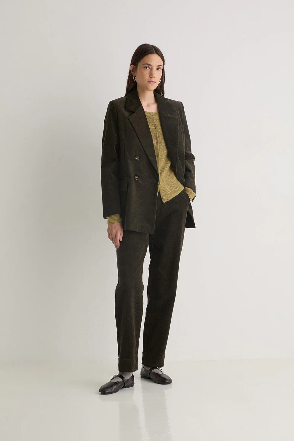 Cord Double-Breasted Straight Blazer - Olive - Image 2