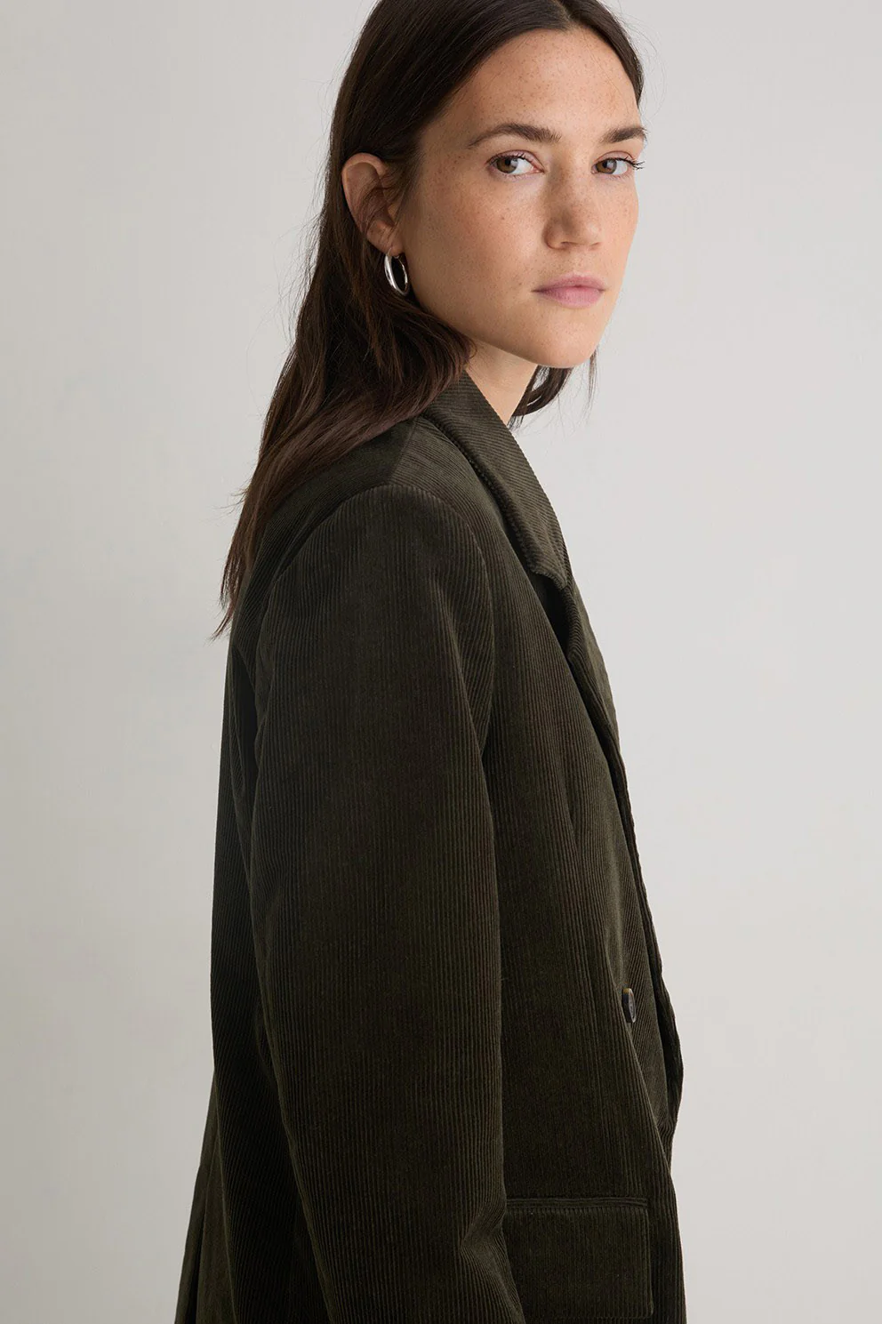 Cord Double-Breasted Straight Blazer - Olive - Image 4