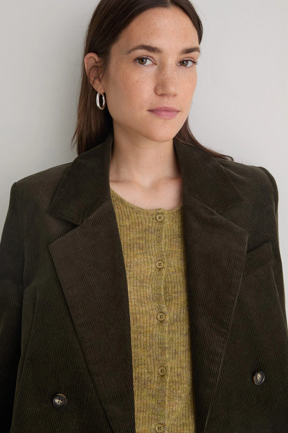 Cord Double-Breasted Straight Blazer - Olive - Image 6