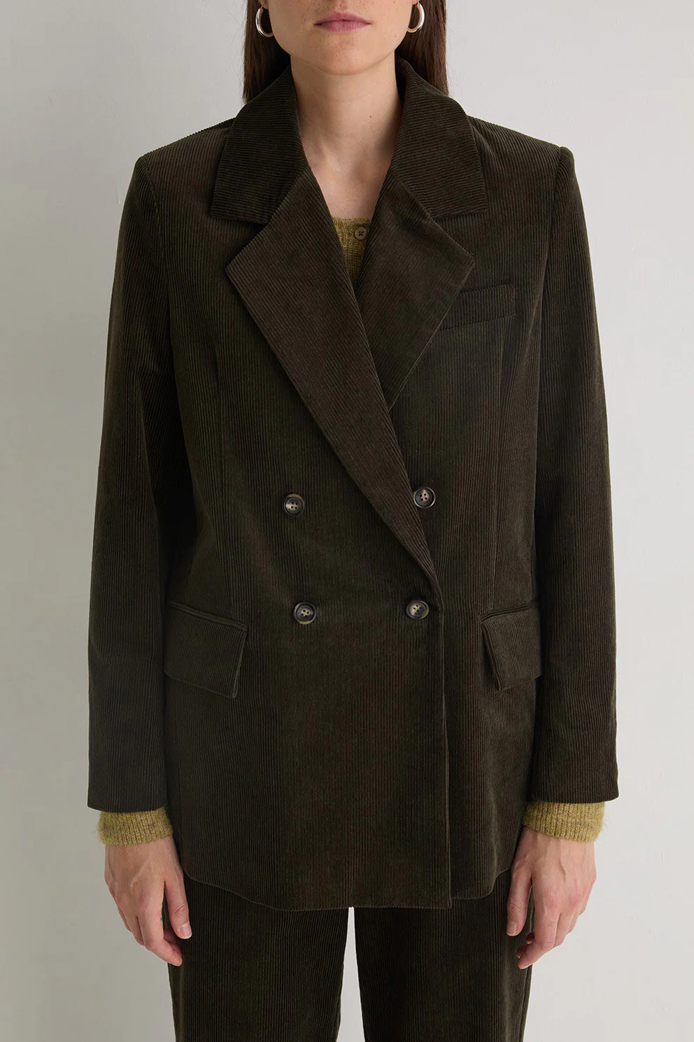 Cord Double-Breasted Straight Blazer - Olive - Image 8