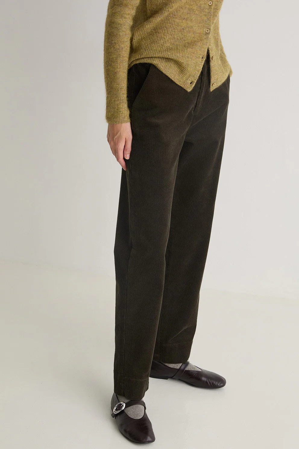 Cord Straight Trousers - Olive - Image 3