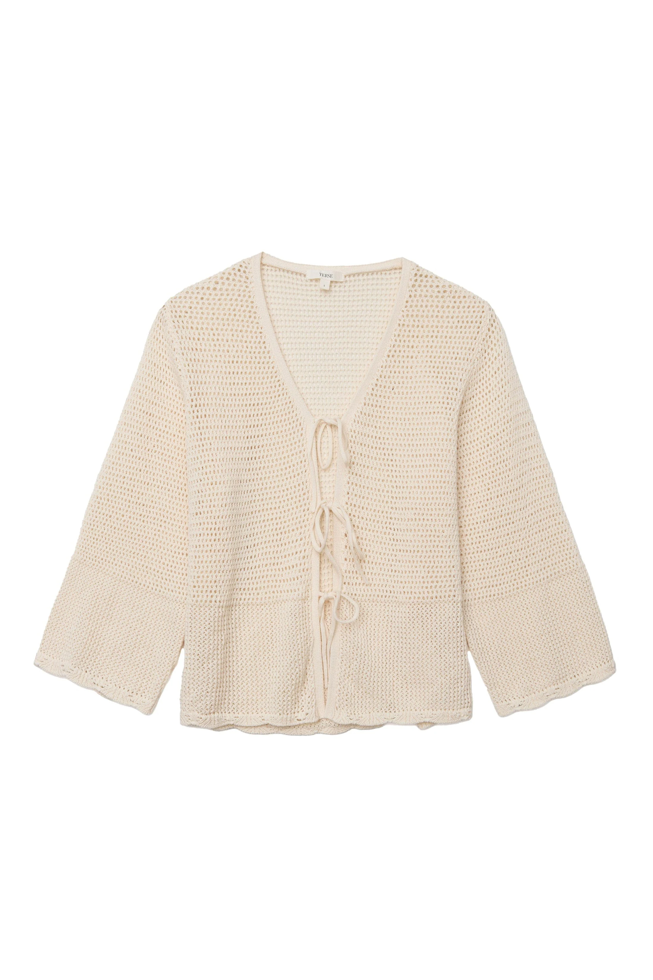 Net Cotton Openwork Tie Detail Cardigan - Natural