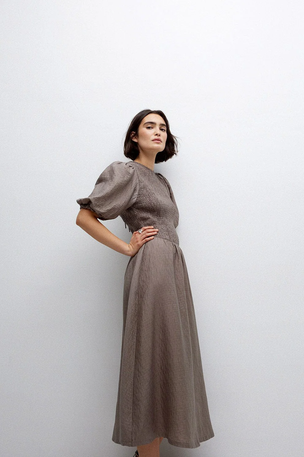 Procida Shirred Detail Midi Dress - Kaki - Image 2