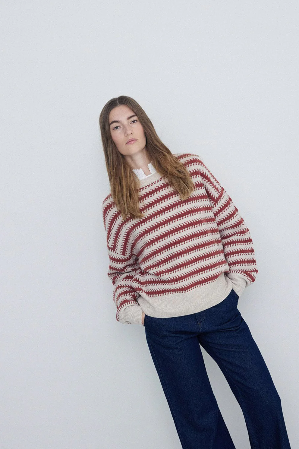 Stripe Wool Jumper  - Ecru/Ancient Rose - Image 4